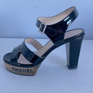 Chanel Vintage Patent Leather Lucite Platform Heel Sandals EUR 37.5
